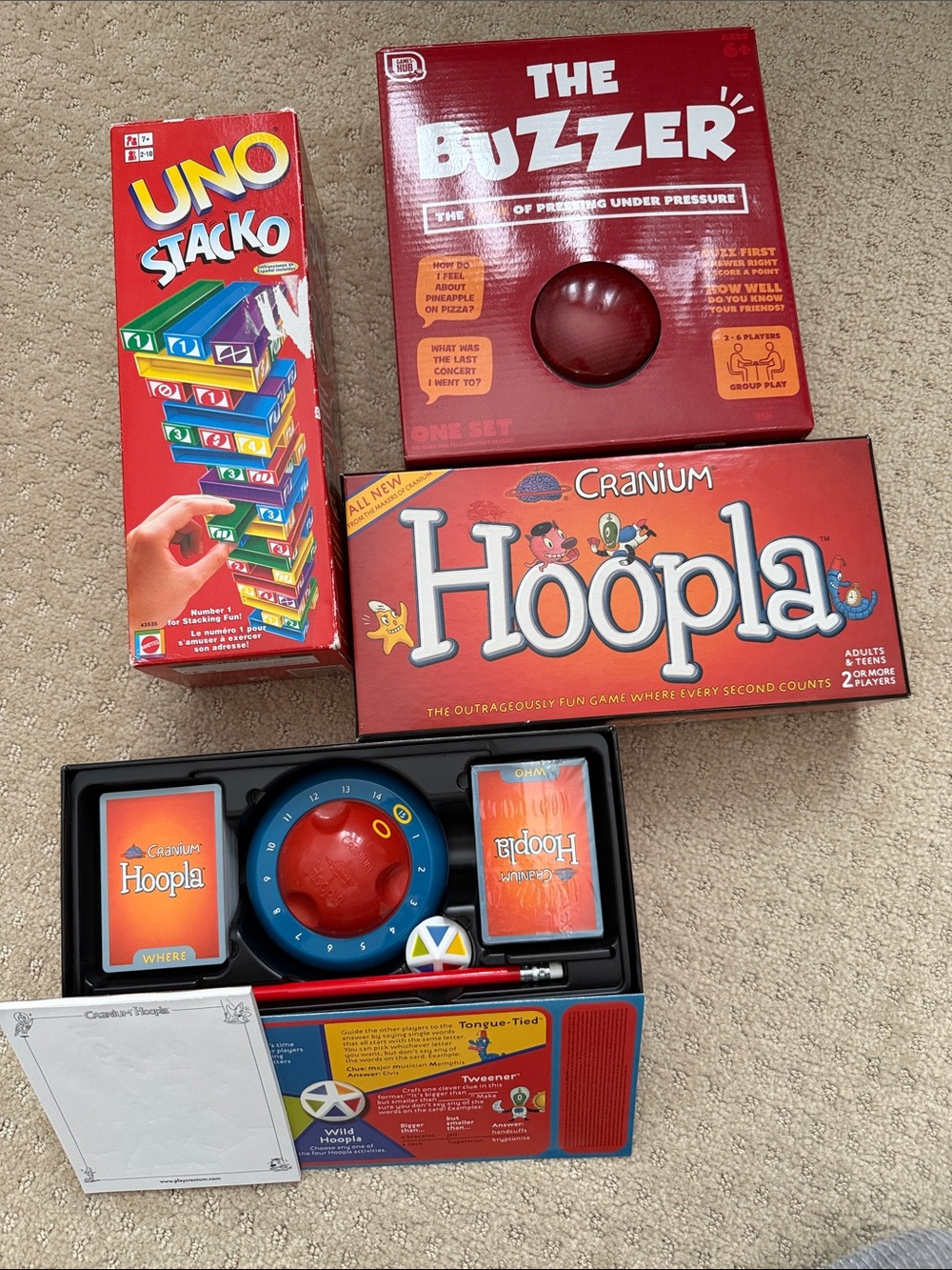 3 kids board games 
Hoopla cranium 
The buzzer
Uno Stacko
Educational toys